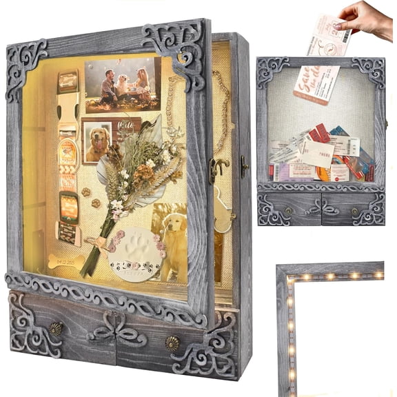 NeoMart-11x16 Shadow Box Frame with Light, Memorial Display Case with Shelves, Drawer and Slot for Keepsakes,Large Deep Shadow Box for Flowers and Pet Memorial,Grey