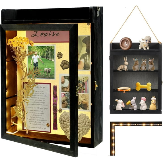 NeoMart-11x16 Shadow Box Frame with Light, Memorial Display Case with Shelves and Top Platform, Large Deep Shadow Box for Pet Memorial and Dog Keepsakes, Hanging Rope and Wall-Mountable, Black