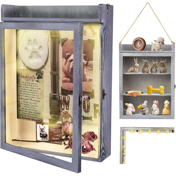 NeoMart-11x16 Shadow Box Frame with Light, Memorial Display Case with Shelves and Top Platform, Large Deep Shadow Box for Pet Memorial and Dog Keepsakes, Hanging Rope and Wall-Mountable, Grey