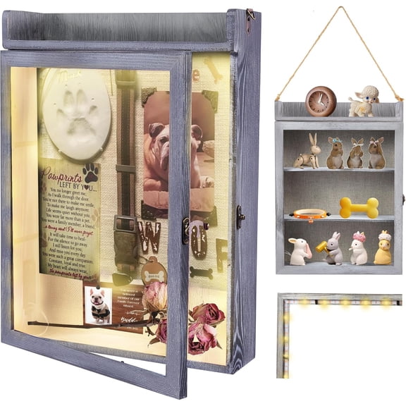 11x16 Shadow Box Frame with Light, Memorial Display Case with Shelves and Top Platform, Deep Shadow Box for Wedding Flowers, Pet Memorial, Bridal Memories, Grey