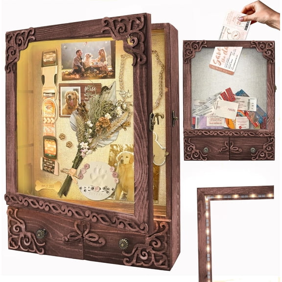 11x16 Shadow Box Frame with Light, Memorial Display Case with Shelves, Drawer and Slot for Keepsakes, Deep Shadow Box for Wedding Flowers, Pet Memorial, Bridal Memories, Brown