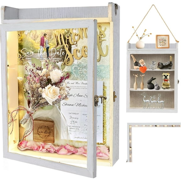 11x16 Shadow Box Frame with Light, Memorial Display Case with Shelves and Top Platform, Deep Shadow Box for Wedding Flowers, Pet Memorial, Bridal Memories, White