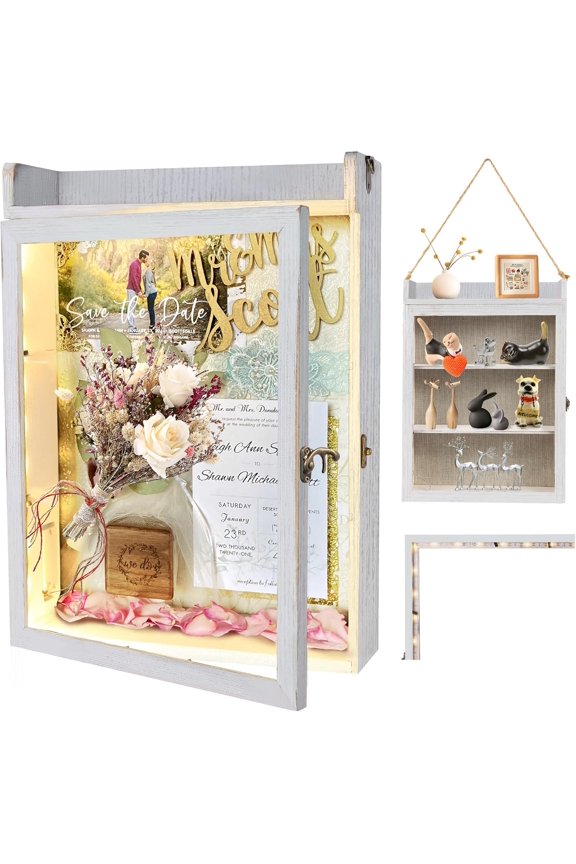 11x16 Shadow Box Frame with Light, Memorial Display Case with Shelves and Top Platform, Deep Shadow Box for Wedding Flowers, Pet Memorial, Bridal Memories, White