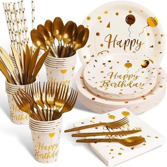 NeoMart-200 pieces of white and gold birthday party supplies, disposable happy birthday tableware set, gold plastic knives, forks, spoons, straws. Birthday themed tray, cup,25Guests(white)
