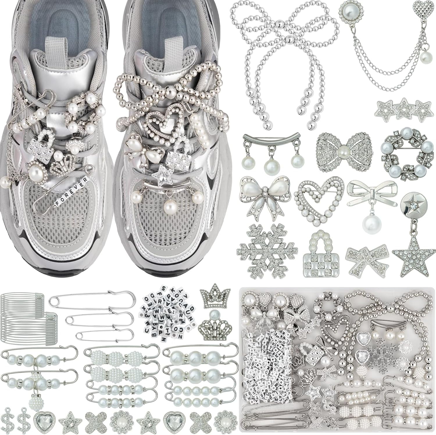 NeoMart -  332 Pcs Junk Socks Charms Kit, Silver Shoe Charms for Sneakers, Pearl and Rhinestone Sock Charm with Safety Pins, DIY Accessories for Decorating and Personalizing Socks