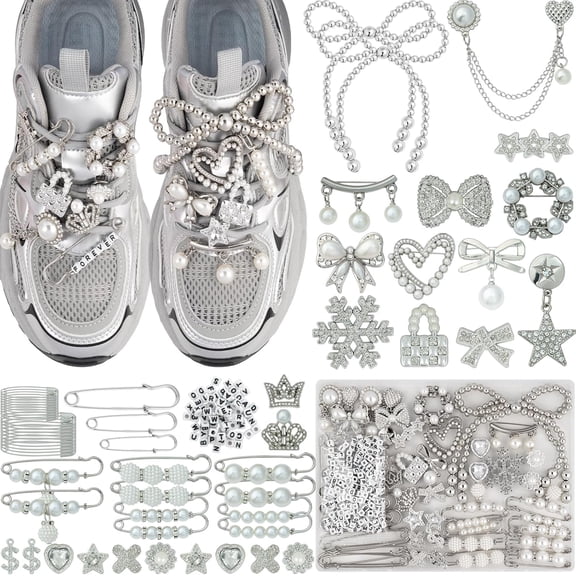 NeoMart - 332 Pcs Junk Socks Charms Kit, Silver Shoe Charms for Sneakers, Pearl and Rhinestone Sock Charm with Safety Pins, DIY Accessories for Decorating and Personalizing Socks