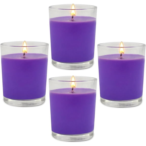 NeoMart - 4 Packs Unscented Purple Votive Candles in Glass, 2 Inch Natural Soy Wax Scentless Candles for Wedding Party Home Holidays Relaxation Spa, 12-15 Hour Burning Time