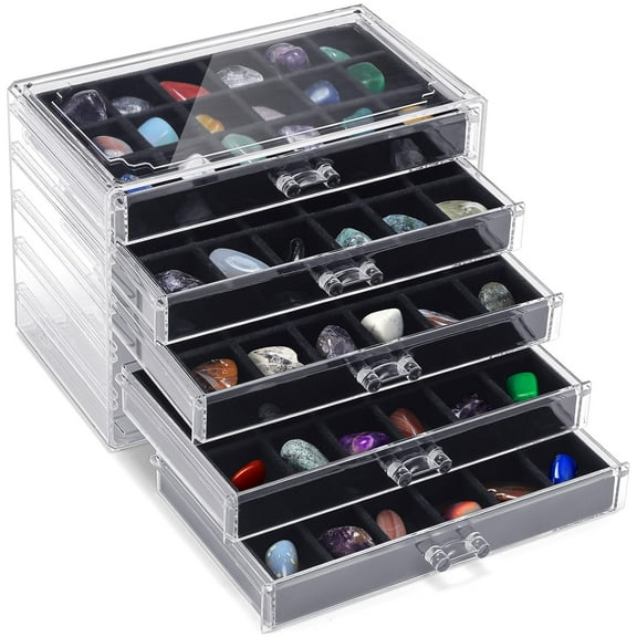 NeoMart-90 Grid Rock Collection Box Clear Acrylic Display Case for Kids 5 Drawers Velvet Insert Rock Storage Box for Collectibles Crystal Display Shadow(Black)
