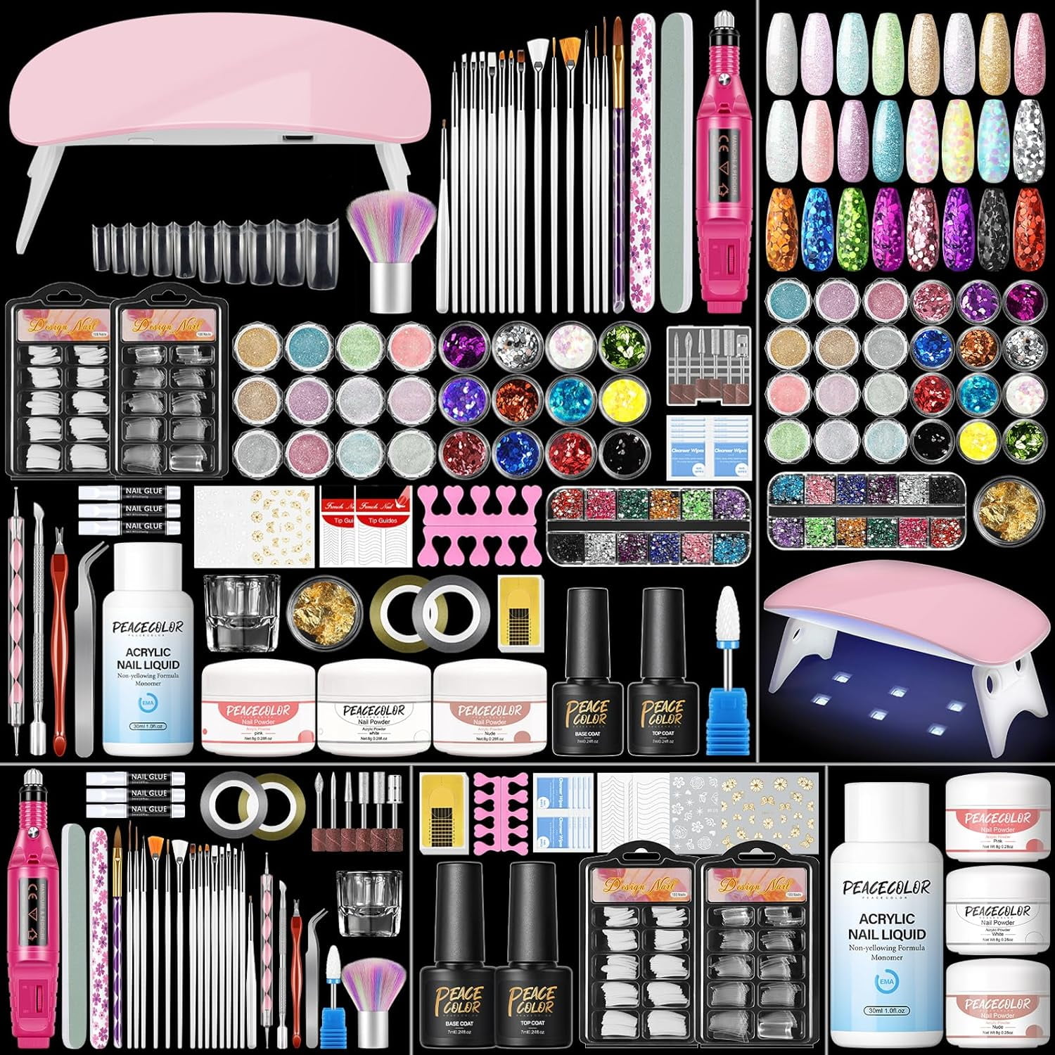 NeoMart - Acrylic Nail Kit with Drill and U V Light, Professional Nail Kit Acrylic Set for beginners with Everything 3PC Powder 24PC Glitter Fake Tips Decoration Nails Set DIY Home Salon