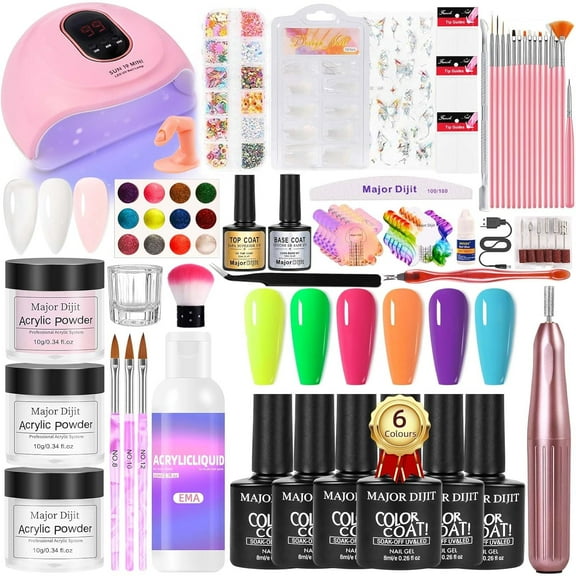 NeoMart - Acrylic Nail Kit with Drill and UV LED Lamp - Starter Set with White Pink Clear Acrylic Powder, 6 Macaron Gel Polishes, Nail Decorations and Manicure Tools