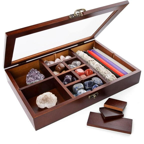 NeoMart Adjustable Rock Display Case, Crystal Collection Box with Shelves, Wood Witchy Stones Organizer Storage,Gem Holder with Lid for Seashell, Collectibles, Wiccan Gift (Brown)