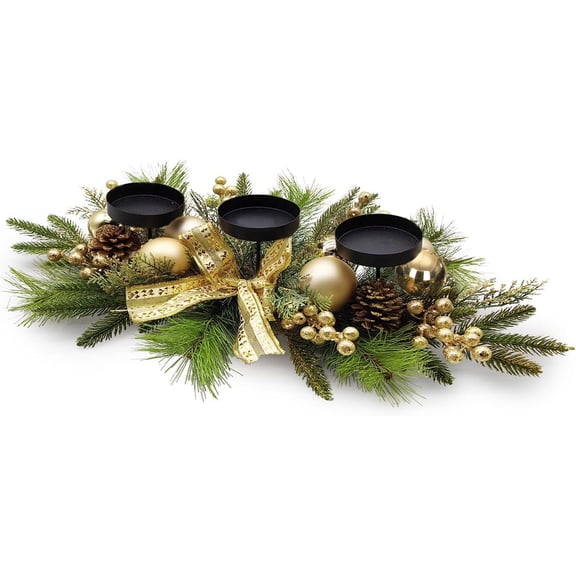 NeoMart Christmas Table Centerpieces Decorations, 27.5 Inch Designed with Golden Bowknot Baubles Ornaments, Artificial Golden Berries and Pine Cones for Dining Room Table (Gold Ball)