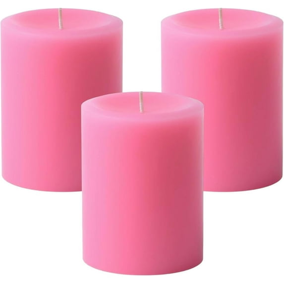 NeoMart - Dripless Unscented Pillar Candles, Set of 3 Hand Poured Solid Color Non-Scented Candles for Home Decor, Premium Wax, 60 Hr Burn Time - 3x4 Inch, Pink