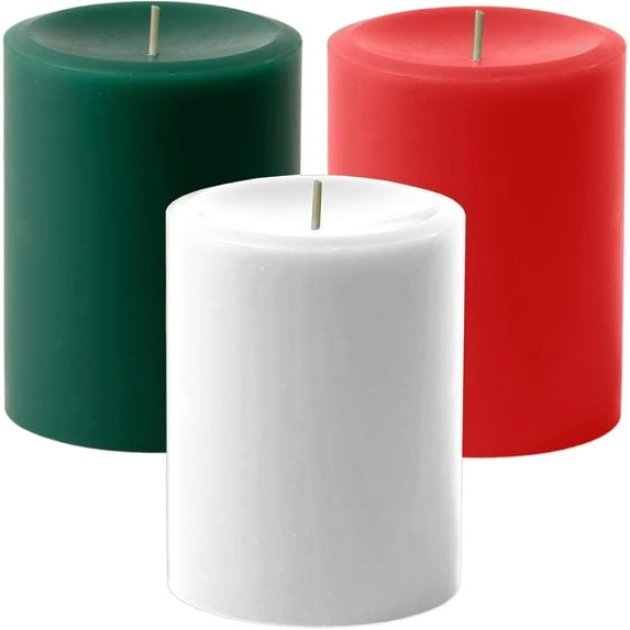 NeoMart - Dripless Unscented Pillar Candles, Set of 3 Hand Poured Solid Color Non-Scented Candles for Home Decor, Premium Wax, 60 Hr Burn Time - 3x4 Inch, Red - Green -White