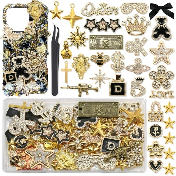 NeoMart - Gold Junk Case Charms Kit, Junk Phone Cases with Big Charm Sparkly Rhinestone Star Cross Jewelry Making Charm Punk Aesthetic Big Decor for Customizing Case DIY Craft