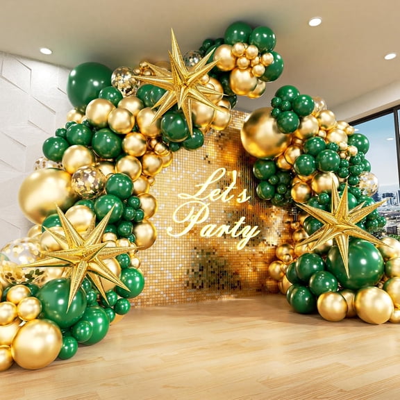 NeoMart-Green and Gold Balloon Arch Kit with 3pcs Star Balloon, Emerald Forest Dark Green Balloons Metallic Gold Balloons for Birthday Baby Shower Wedding New Years Party Decorations