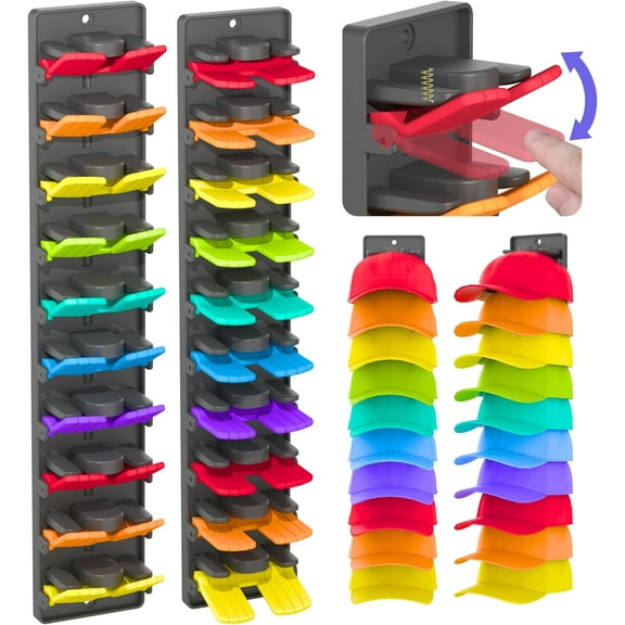 NeoMart Hat Organizer for Baseball Caps 2 Packs with Built-in Spring Clips - Wall Mount Closet Hat Rack Holder, Adjustable Storage for Door/Closet Display Hat Racks Hanger (Strong Adhesive & Screws)