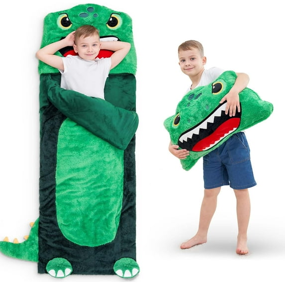 NeoMart Kids Dinosaur Sleeping Bag, Toddler Boy Dino Nap Mat, Plush Animal Slumber Bag 2 In 1 Pillow Daycare Preschool Kindergarten Birthday Gift Travel Sleepover 3 4 5 6 7 8 10 12 Yr Child Teen