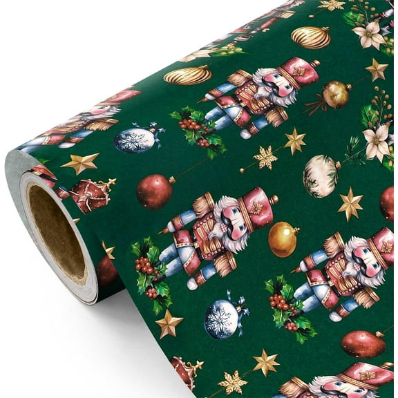 NeoMart- Kraft Nutcracker Christmas Wrapping Paper - Mini Roll - 17 Inch x 16.5 Feet - Green Nutcracker Wrapping Paper for Christmas Holiday, Party Celebration