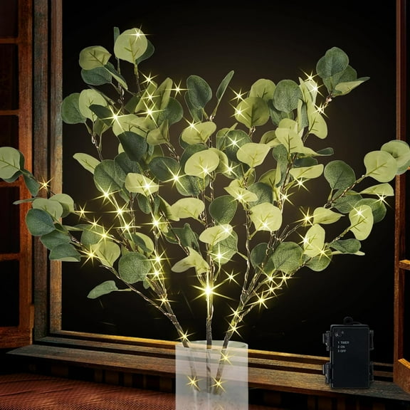 NeoMart Lighted Eucalyptus Branches with Timer, Lighted Branches 33IN 99 LED,Artificial Light,Eucalyptus Night Light, Artificial Plant for Home Spring Party Wedding Decor-Battery Operated, Home Decor