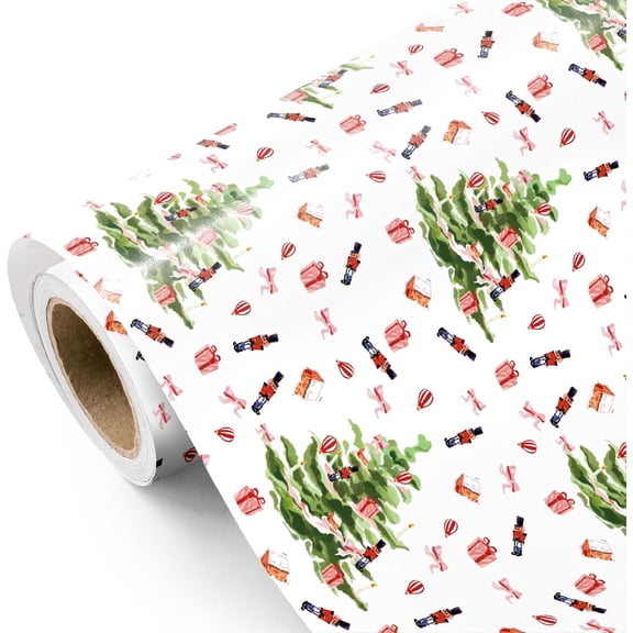 NeoMart- Nutcracker Christmas Wrapping Paper - Mini Roll - 17 Inch x 16.5 Feet - Watercolor Nutcracker and Christmas Tree Wrapping Paper for Xmas Holiday, Party Celebration