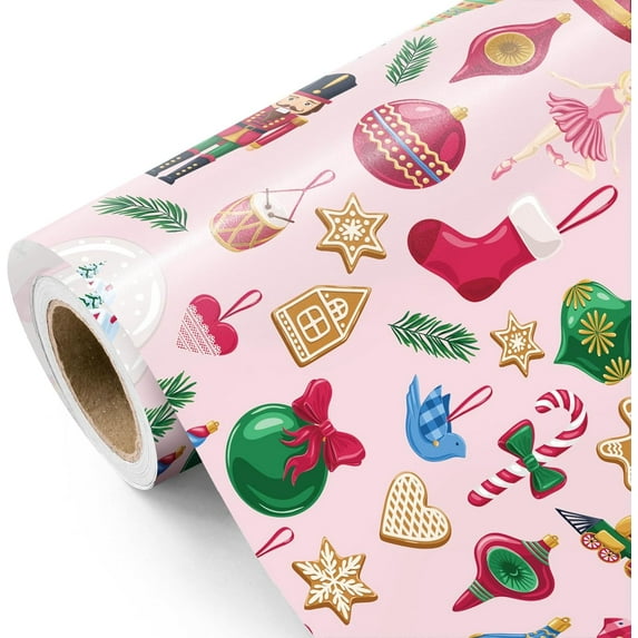 NeoMart- Pink Christmas Wrapping Paper - Mini Roll - 17 Inch x 16.5 Feet - Pink Christmas Toys Wrapping Paper for Xmas Holiday, Party Celebration