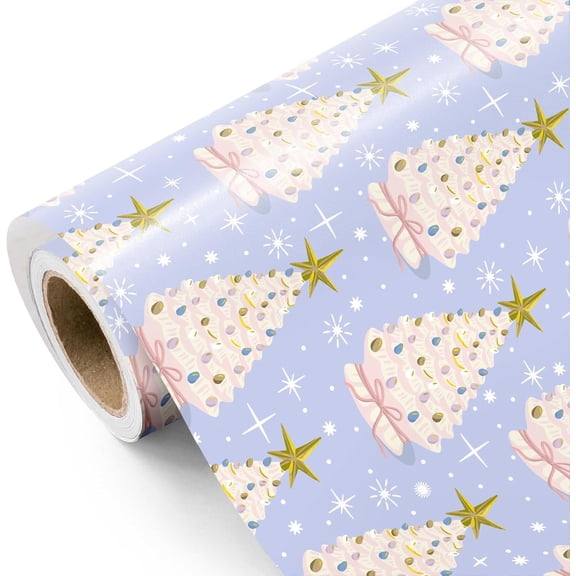 NeoMart- Purple Christmas Wrapping Paper - Mini Roll - 17 Inch x 16.5 Feet - Pastel Purple Christmas Tree Wrapping Paper for Xmas Holiday, Party Celebration