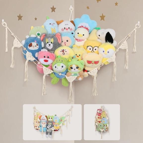 NeoMart-Stuffed Hammock Corner, 57 Inch Large No Drilling Handcrafted Stuffed Animal Net, Natural 100% Cotton Boho Macrame Plushie Net Sturdy Stuffed Animal Storage Holder for Kid Room Nursery(Cream)