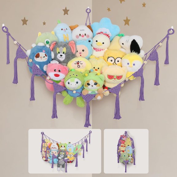 NeoMart-Stuffed Net Hammock Corner, 57 Inch Large No Drilling Handcrafted Toy Hammock Plushie Net, Natural 100% Cotton Boho Macrame Stuffy Storage Toy Net organizer for Kid Room Nursery Decor(Purple)