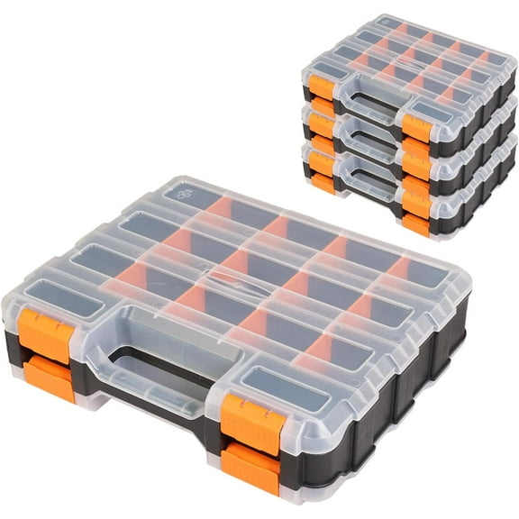 NeoMart-Tool Box with Transparent Lid, Double Side 34-Compartments Organizer Box with Removable Dividers for Hardware, Screws, Bolts, Nails, Beads, Jewelry and Fishing Accessories, Orange, 4 Packs