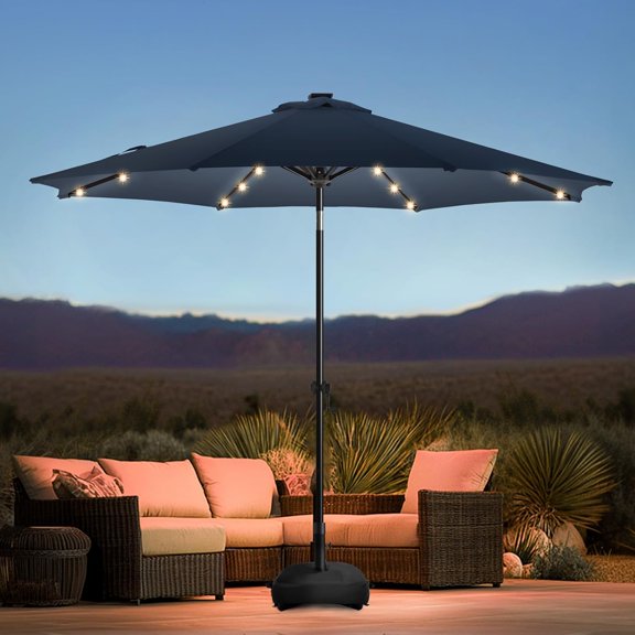 NeoNiches 10FT Solar Led Patio Umbrella with Base Included, 32 LED Lights, 8 Sturdy Ribs, Fade Resistant Waterproof POLYESTER DTY Canopy for Garden, Lawn, Deck, Backyard & Pool, Navy Blue