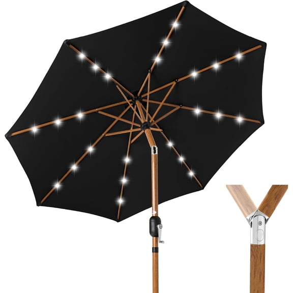 NeoNiches 10ft Solar Market Patio Umbrella w/Woodgrain Pattern Pole, LED Lights, Tilt & Crank - Outdoor Sun Shade for Backyard Table, Deck, Poolside - Black