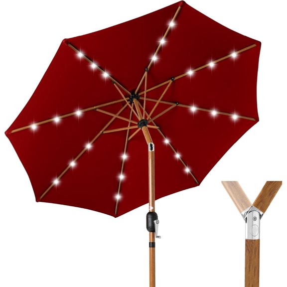 NeoNiches 10ft Solar Market Patio Umbrella w/Woodgrain Pattern Pole, LED Lights, Tilt & Crank - Outdoor Sun Shade for Backyard Table, Deck, Poolside - Red