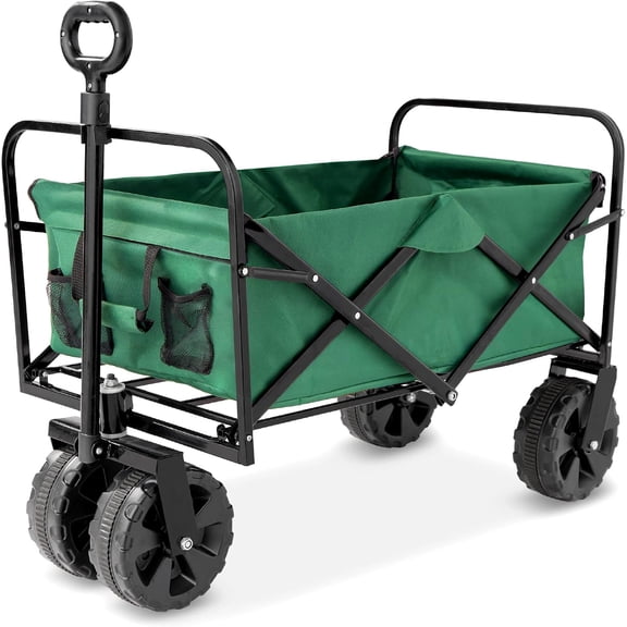 NeoNiches 36in Collapsible Folding Utility Wagon, Multipurpose Indoor Outdoor Mobile Cart for Garden, Beach, Park, Shopping w/ 360-Degree Wheels, Adjustable Handle, 150lb Capacity - Green