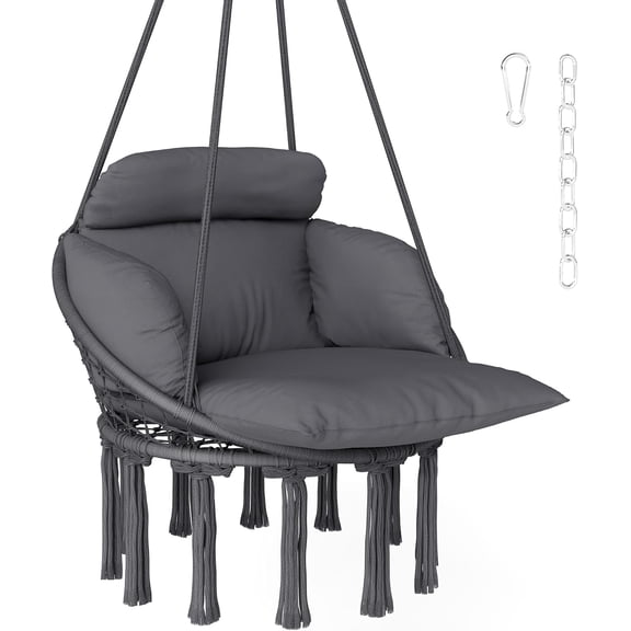 NeoNiches Hammock Swing Chair, Outdoor Hanging Chair with Large Cushion, Cotton Rope Weaving Macrame Swing with Chain, 265 LBS Capacity for Indoor, Outdoor, Bedroom, Patio, Balcony, Dark Gray
