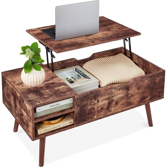 NeoNiches Lift Top Coffee Table, Wooden Mid-Century Modern Multifunctional Accent Table for Living Room w/Hidden Storage, 2 Cubbies, Removable Shelf - Brown