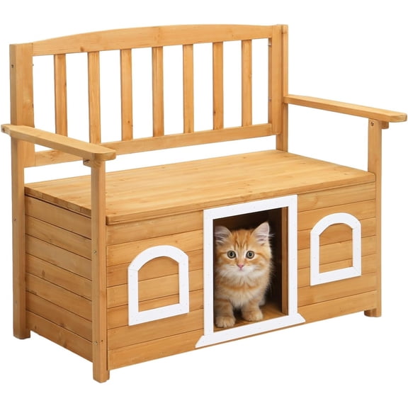 NeoNiches Outdoor Dog House Weatherproof, Wooden Bench with Storage for Small & Medium Pets in Patio, Garden, Backyard (Yellow & White)