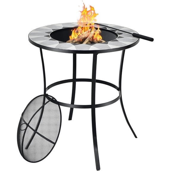 NeoNiches Outdoor Fire Pit Table with Tile Tabletop, Small Round Steel Fire Bowl with Screen Cover, Fire Poker, Patio Wood Burning Fire Table for Camping, Bonfire & Outdoor Heating