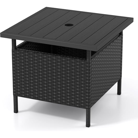 NeoNiches Outdoor Wicker Table, Rattan Coffee Table with Umbrella Insert Hole, HDPE Tabletop & Sturdy Metal Frame, Patio Umbrella Side Table Stand for Backyard, Garden, Poolside (Black)