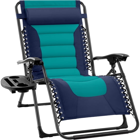 NeoNiches Oversized Padded Zero Gravity Chair, Folding Outdoor Patio Recliner, XL Anti Gravity Lounger for Backyard w/Headrest, Cup Holder, Side Tray, Polyester Mesh - Navy/Teal