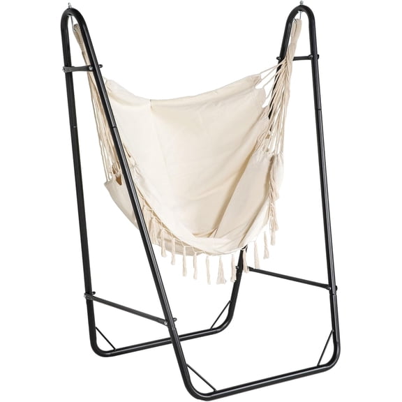 NeoNiches Patio Hammock Chair Outdoor with U Shape Stand Black/Cream White | Outdoor Hammock Swing, Hanging Lounge Chair, Side Pocket