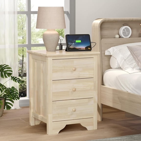 NeoNiches Solid Wood Nightstand Unfinished for Color DIY, 18.54" W Nightstand with Charging Station, Nightstand with Drawers, Natural Wood Nightstands/Bed End Table, Night Stand for Bedroom