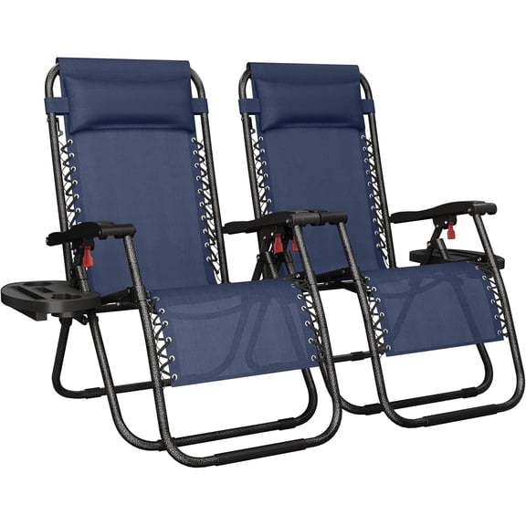 NeoNiches Zero Gravity Recliners Outdoor Adjustable Folding Reclining Lounge Chairs w/Pillows, Cup Holder Trays and Carry Strap for Patio Backyard Beach Navy Blue Set of 2