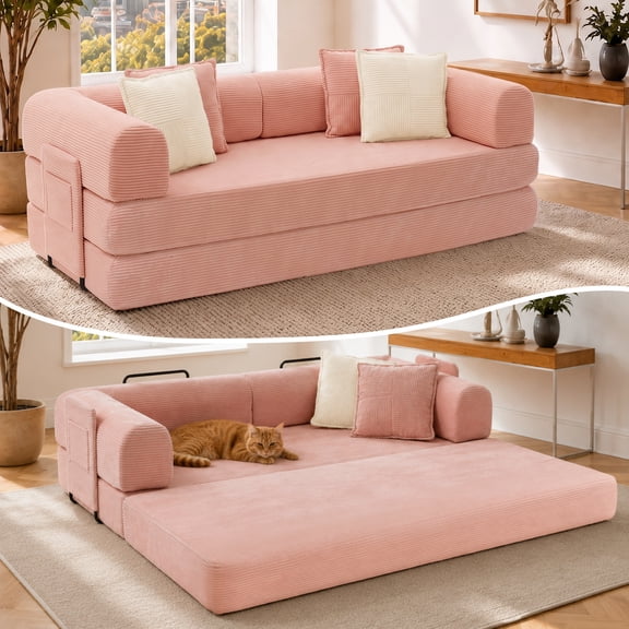 NeoNubo 79" Convertible Sofa Bed,Corduroy Boneless Pull-Out Sleeper Sofa Bed, Fixed-Shape Frame, No Assembly, 4 Throw Pillows, Pink