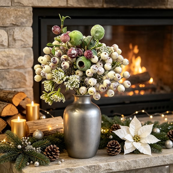 Neoargh Christmas Artificial Berry Bouquet, White Faux Berry Stem Bundle for Holiday Home Floral Tabletop Decoration