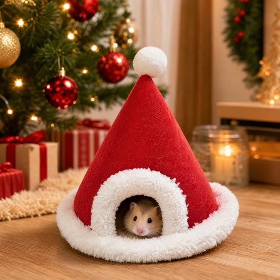 Neoargh Christmas Pet Bed, Cozy Guinea Pig House, Christmas Hat Design, Soft Fabric, Washable Bed, Non-Slip Base