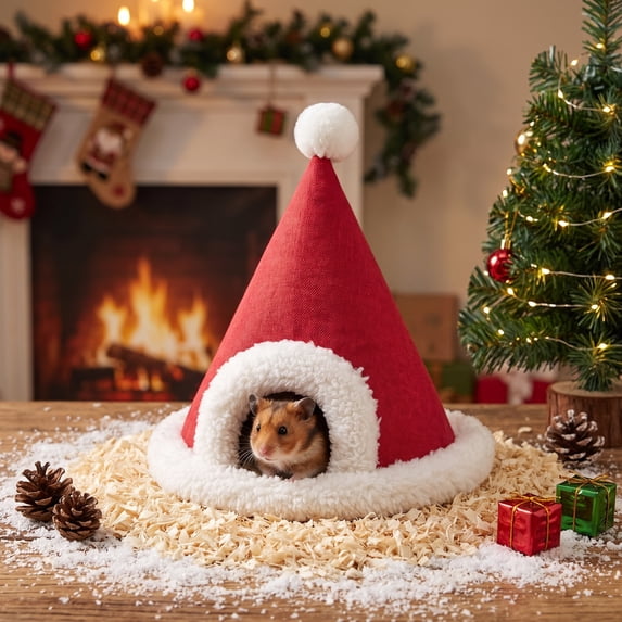 Neoargh Christmas Pet Bed, Cozy Guinea Pig House, Christmas Hat Design, Soft Fabric, Washable Bed, Non-Slip Base