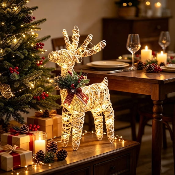 Neoargh Metal Rattan Standing Reindeer Statues with LED Lights, Christmas Decor