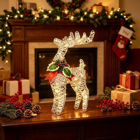 Neoargh Metal Rattan Standing Reindeer Statues with LED Lights, Christmas Decor