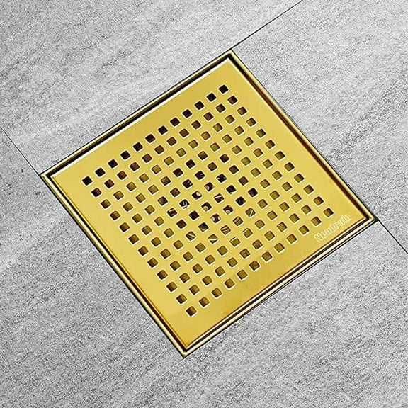 Neodrain 6 in Brushed Brass Square Shower Drain with Removable Quadrato Pattern Grate,PVC Shower Drain Base and Rubber Gasket, 6" Shower Drain with Watermark&CUPC Certified, Includes Hair Strainer